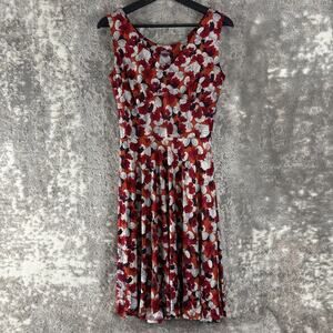Salaam Size M Floral Print V Neck Fit Flared Knee Length Dress Red Sleeveless
